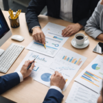 Professional digital marketing team analyzing SEO reports and growth charts to increase organic traffic