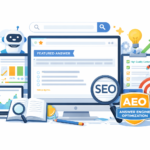 Answer Engine Optimization strategy illustration showing featured answer box, SEO analytics dashboard, and content optimization elements