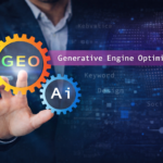 Business professional interacting with digital AI and GEO gears representing generative engine optimization and AI search technology