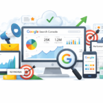 Google Search Console dashboard showing website performance metrics, search traffic insights, and SEO analytics reports