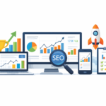 Measuring SEO success with Google Analytics dashboard showing charts, analytics reports, and SEO performance metrics