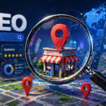 Local SEO optimization concept with map pins, magnifying glass, storefront, and analytics dashboard for improved search rankings