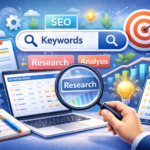 SEO keyword research concept with search bar, analytics charts, magnifying glass, and digital marketing tools
