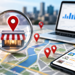 Local SEO strategy illustration showing map pins, business analytics dashboard, and mobile search optimization for generating more local leads through SEO.