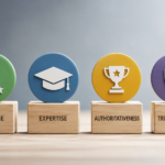 EEAT framework illustration showing Experience, Expertise, Authoritativeness, and Trustworthiness as key factors for building website credibility and improving SEO rankings.
