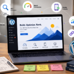 Illustration of building an SEO-friendly WordPress site from scratch featuring WordPress development, website speed optimization, SEO optimization, responsive design, secure hosting, and website planning for better search rankings.