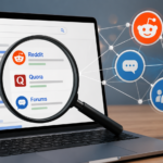 Illustration showing Reddit, online forums, and Google Search results, highlighting how user-generated content influences rankings and supports Google SGE optimization.