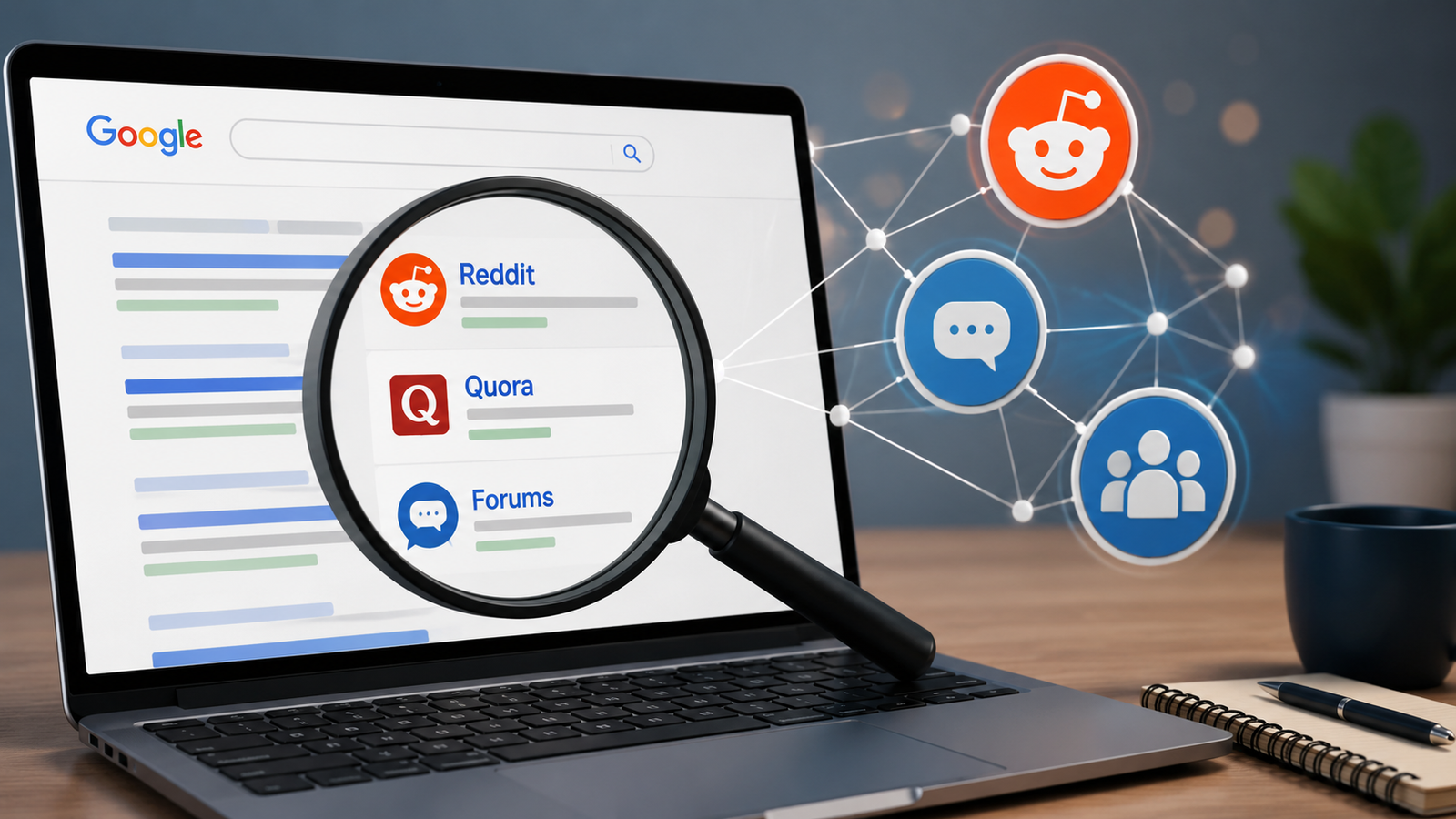 Illustration showing Reddit, online forums, and Google Search results, highlighting how user-generated content influences rankings and supports Google SGE optimization.
