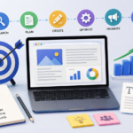 Modern content strategy illustration showing SEO planning, keyword research, content creation, analytics, and organic traffic growth.