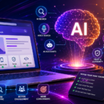 Futuristic illustration showing an AI-powered website optimization concept with AI search, structured data, voice search, high-quality content, and technical SEO elements to prepare websites for AI search in 2026.