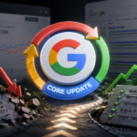 Illustration showing Google Core Update recovery with SEO improvements, technical optimization, quality content, E-E-A-T, and ranking growth strategy.