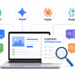 Illustration showing AI content optimization for ChatGPT, Gemini, Claude, and Perplexity with structured content, semantic SEO, answer engine optimization (AEO), and AI search ranking elements on a clean white background.