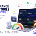 Modern illustration of performance testing tools for developers featuring Apache JMeter, k6, Gatling, LoadRunner, BlazeMeter, performance dashboards, load testing metrics, scalability testing, response time analysis, and application monitoring on a clean white background.