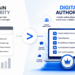 Modern illustration comparing Domain Authority and Digital Authority, highlighting the shift from backlink-based SEO metrics to brand authority, topical expertise, user trust, content quality, and digital influence on a clean white background.