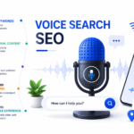 Modern illustration of voice search SEO showing a microphone, smartphone, search interface, structured data, conversational search, local SEO, and mobile optimization on a clean white background.