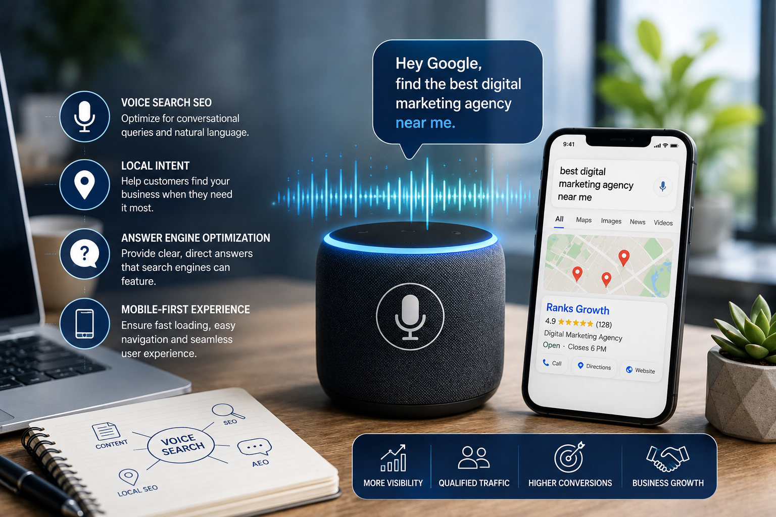 Voice search optimization with smart speaker, mobile search, local SEO, and answer engine optimization