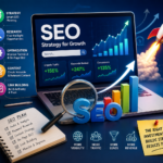SEO strategy dashboard showing organic traffic growth, keyword rankings, content optimization and business growth