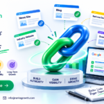 Off-page SEO services illustration showing quality backlinks, higher rankings, website authority, and organic growth by Ranks Growth.