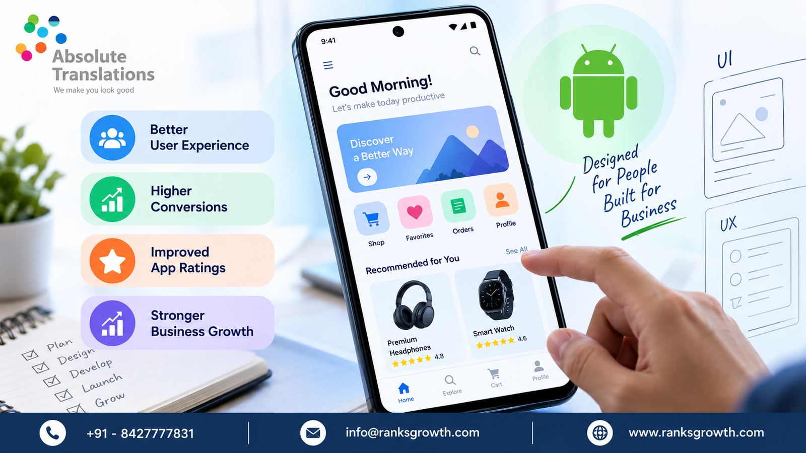 Android app UI/UX design benefits including better user experience, higher conversions, improved app ratings, and business growth