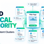 Ranks Growth illustration showing interconnected content pages, keyword research, internal linking, website optimization, and SEO strategies for building topical authority.