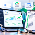 Technical SEO audit checklist by Ranks Growth featuring website crawling and indexing, crawl error fixing, page speed optimization, Core Web Vitals, mobile usability, backlink analysis, and Google rankings improvement.