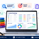 Data-backed content roadmap featuring AI keyword research, search intent analysis, content planning, AI content optimization, technical SEO, backlink strategy, and organic traffic growth by Ranks Growth.