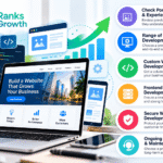 How to choose a website development services provider – Ranks Growth infographic highlighting portfolio review, custom web development, frontend backend development, secure web development, and ongoing website maintenance.