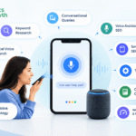 Ranks Growth voice search SEO infographic highlighting conversational queries, keyword research, local voice search, voice assistant SEO, smart speaker SEO, technical SEO, on-page SEO, website speed, user experience, and backlink strategy.